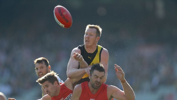 Jack Riewoldt hits the pack hard. He was cleared for a jumper punch separate to this contest.  