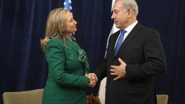 The US Secretary of State, Hillary Clinton, and  Benjamin Netanyahu meet at the United Nations in September.
