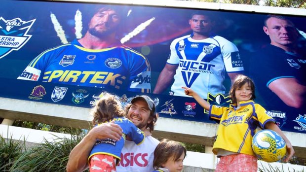 Larger than life &#8230; Nathan Hindmarsh with his sons, from left, Rowdy, Buster - the straight shooter - and Archie.