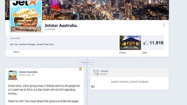 The fake Jetstar Facebook page promises a prize that's too good to be true.