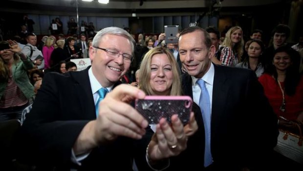 How the west was won: Nada Makdessi requested a selfie with Kevin Rudd and Tony Abbott after the People's Forum at Rooty Hill RSL in August.