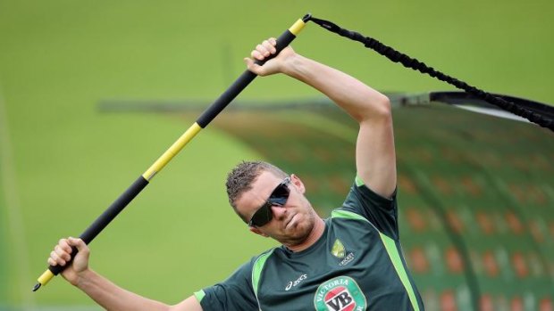 Peter Siddle of Australia warms up during an Australian nets session