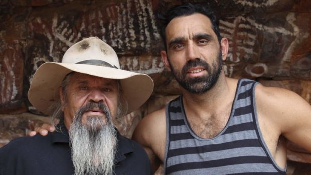 Adam Goodes with Cliff Coulthard (left) in <i>Who Do You Think You Are?</i>.