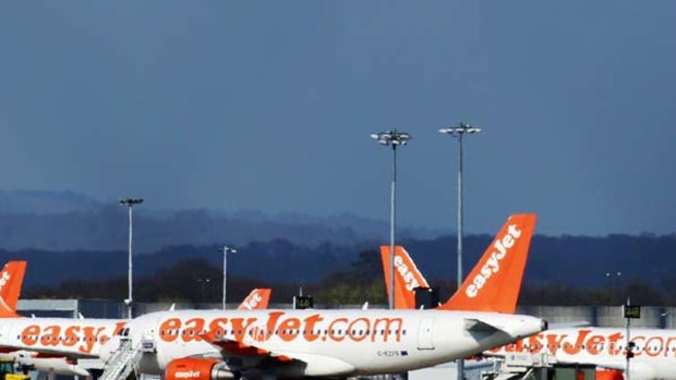 Passenger airplanes grounded at Gatwick Airport in London.