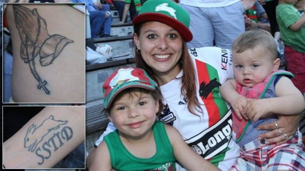 Tamara Lee with her children Ajay Lee-Dixon and Beau Dixon at the South Sydney fans day, and inset her tattoos: A cross draped over clasped hand, representing the praying pose of Adam Reynolds (top) and SSTID, South Sydney Till I Die (bottom).