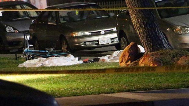 Crime scene: Bodies are seen covered on the ground after a mass shooting near the campus of the University of Santa Barbara in Isla Vista.