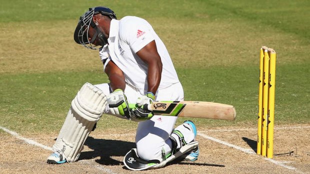 Evasive action: Michael Carberry avoids a Mitchell Johnson bouncer.