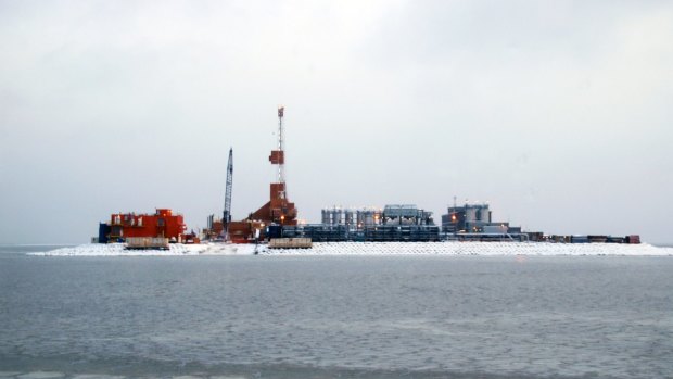 Oil production equipment appears on Spy Island, an artificial island in state waters of Alaska's Beaufort Sea.