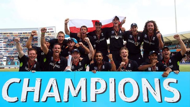 The England team celebrate winning the final of the ICC World Twenty20, 2010.