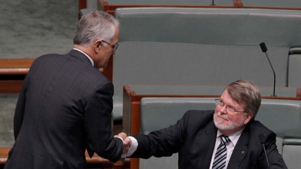 Job well done ... Malcolm Turnbull congratulates former Speaker Harry Jenkins.