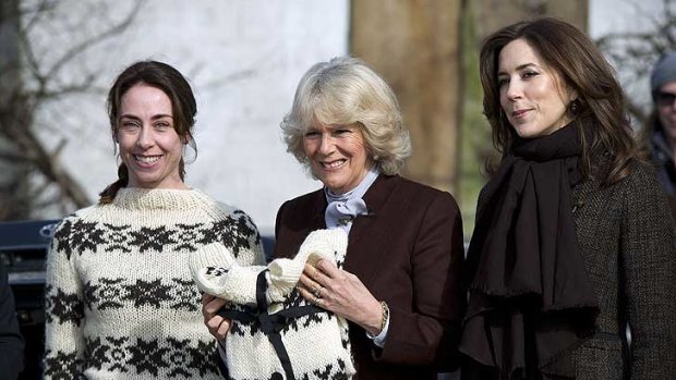 Danish Crown Princess Mary and s Camilla, Duchess of Cornwall, with actress Sofie Grabol on the set of The Killing.