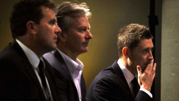 Leaders: Michael Clarke with ex-captains Mark Taylor, left, and Steve Waugh.