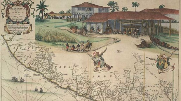 Map by Frans Post and Georg Marggraf (c 1640) showing slaves engaged in various tasks of sugar manufacture and, in the center, a group of slaves is transporting a planter‚Äôs wife in a hammock, in Joan Blaeu, Atlas maior, sive Geographia Blaviana (Amsterdam, 1662), vol. 11, between pp. 243 and 245. (Copy in Special Collections Department, University of Virginia Library; also, The John Carter Brown Library at Brown University.)