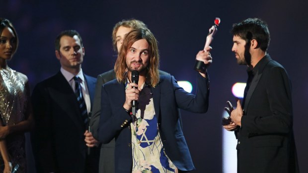Kevin Parker accepts the International Group award on behalf of Tame Impala at the BRIT Awards 2016 at The O2 Arena on February 24, 2016 in London, England.  