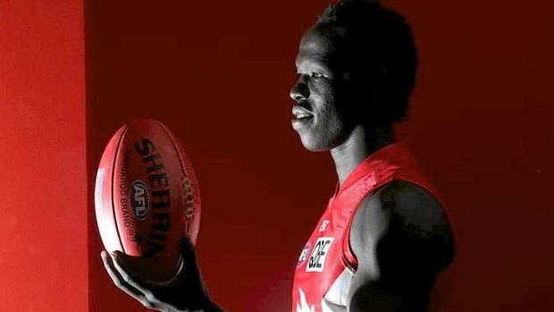 From left field: Former refugee Aliir Aliir is tipped for big things as a defender for the Swans.
