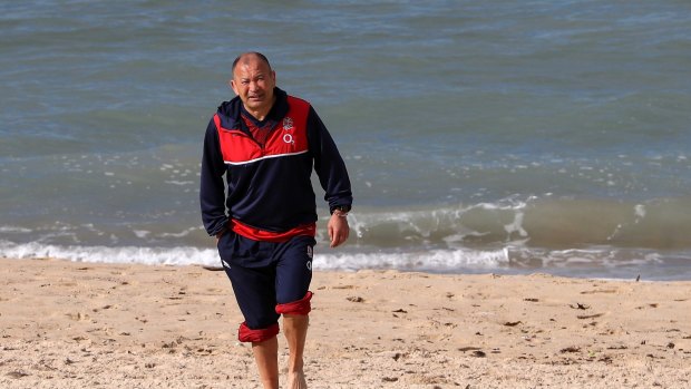 Coogee comeback: Eddie Jones at England's beach recovery session on Monday.