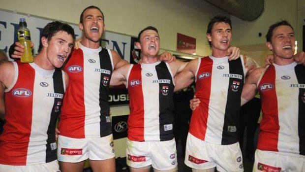 Lenny Hayes, Steven King, Brendon Goddard, Justin Koschitzke and Jason Blake celebrate after the Saints defeated the Western Bulldogs by three points in round six this year.