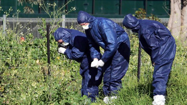 Police search for forensic clues at a suspected crime scene.