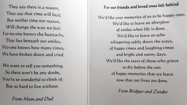 Messages passed out to mourners at the funeral of Alexander and Bridget Jones.