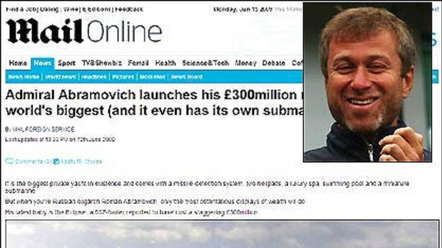 Super-yacht ... Roman Abramovich, inset, has bought a $600 million yacht, as pictured here in a screengrab from the Daily Mail's website.