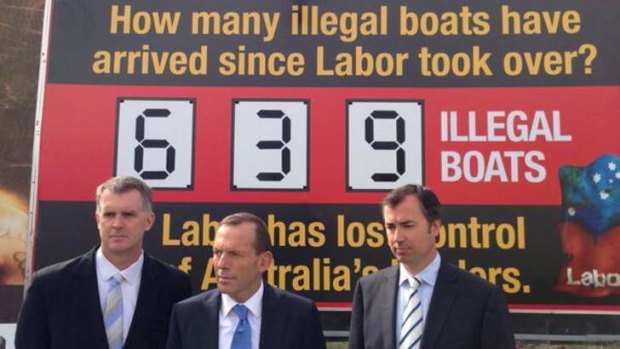 Tony Abbott's tweeted pic of his launch of a "stop the boats" billboard in Perth.