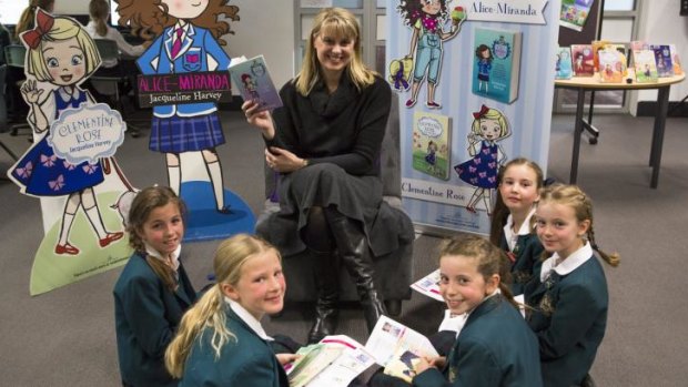 Author Jacqueline Harvey with  Canberra Girls Grammar Junior School students, from left, Lucy Galland, 9, Annika Wilson, 9, Sienna Page, 8, Jessica Latham, 8, and Gabrielle Smith, 8.