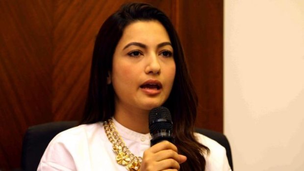 Unbowed: Gauhar Khan speaks at the press conference she called following the assault.