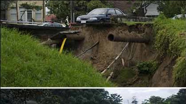 A burst water main caused a section of road, top, in Bellevue Hill to collapse, causing a landslide, middle. Bottom, the crater which was left.