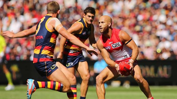 Jarrad McVeigh (right) tries to run with the ball during the match against Adelaide.