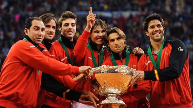 Spain's Albert Costa, Feliciano Lopez, Marcel Granollers, Rafael Nadal, David Ferrer and Fernando Verdasco with the Davis Cup trophy last year.