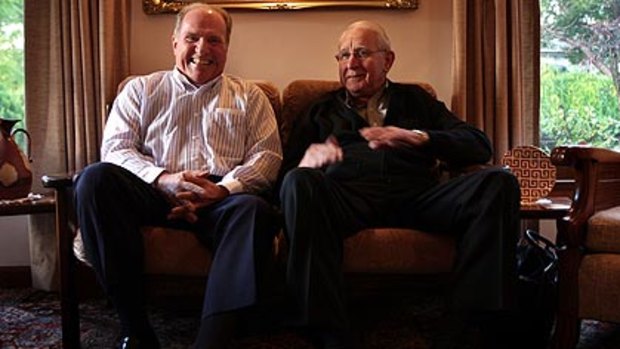 Victory . . . Brethren elders Daniel Hales, left, and Athol Greene. "You're probably not in a position to realise the happy lives our children have."