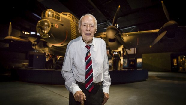 Ex-Flying Officer Leonard Bence, 94,  of Burra, in South Australia, with the G for George  Avro Lancaster B1 exhibit at the Australian War Memorial. Mr Bence flew 30 missions in Lancasters during World War II.