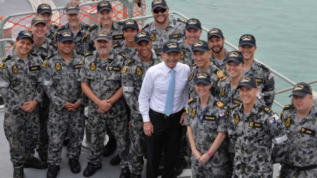 Tony Abbott on the deck of HMAS Maryborough at HMAS Coonawarra in Darwin.