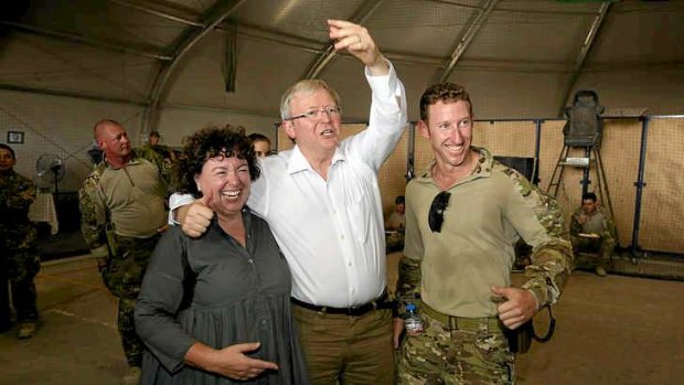 Prime Minister Kevin Rudd with his wife Therese Rein made a surprise pre-election visit to Australian troops serving in Tarin Kowt, Uruzgan province southern Afghanistan.