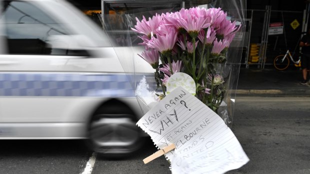 Flowers at the site on Flinders street where pedestrians were run down.