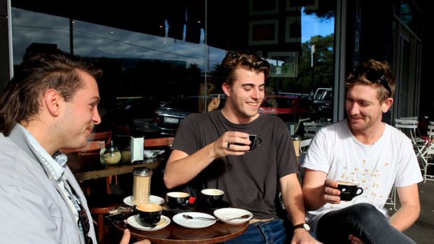 Good shots .... Tom Thorburn, left, Luke Kneller and Toby Miles enjoy a cup of coffee or five at Toby’s Estate in Chippendale.