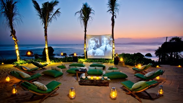 Movie night: An outdoor film screening at Nihiwatu's Nio Beach Club.