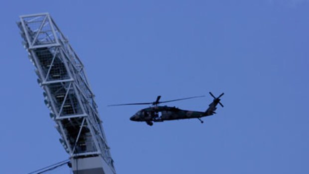 An Army Black Hawk helicopter circles the MCG on anti-terrorism exercises in 2006.