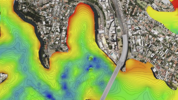 A geotechnical map for a new rail project shows the contours of rock beneath the surface of Sydney Harbour.