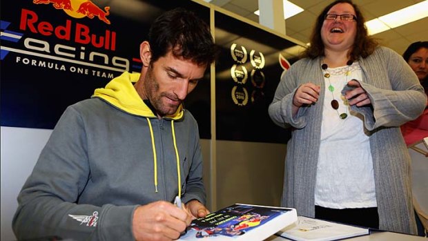No dramas &#8230; Mark Webber meets fans at the Red Bull factory in England before travelling to Tasmania for his charity challenge.
