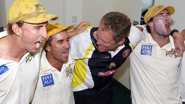 Tom Moody (second from right) in happier days as WA coach, with, among others Justin Langer (second from left).
