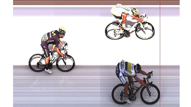 A photo finish image provided by ASO shows Australia's Simon Gerrans (bottom) crossing the finish line marginally ahead of Peter Sagan of Slovakia (top).