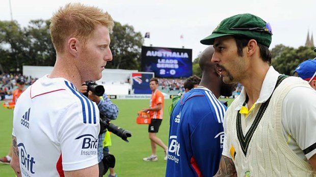 Cool: Mitchell Johnson and Ben Stokes of England at the end of the match.