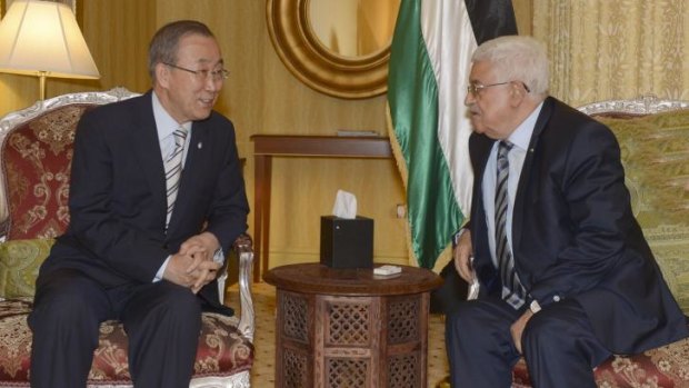 United Nations Secretary-General Ban Ki-Moon, left, in Doha to discuss a ceasefire for the war raging in Gaza with Palestinian president Mahmud Abbas.
