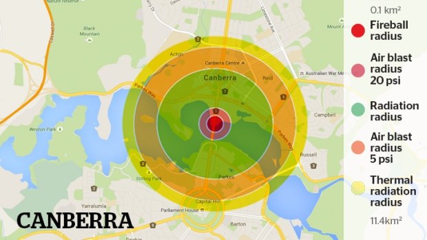 A representation of the Hiroshima Bomb damage if it fell on the Canberra CBD.