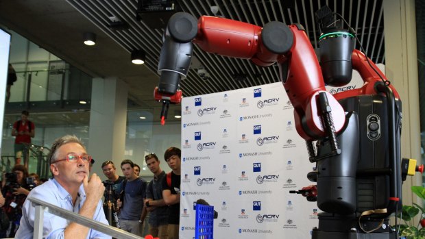 Professor Peter Corke, world-renowned roboticist with QUT's Science and Engineering Faculty and Director of the Australian Centre for Robotic Vision (ACRV), plays Connect Four with Baxter.