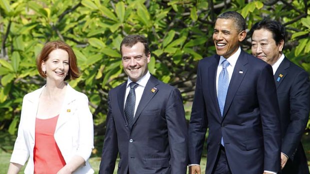 Looking prime ministerial ... Julia Gillard with Russian President Dmitry Medvedev, US President Barack Obama and Japanese Prime Minister Yoshihiko Noda.