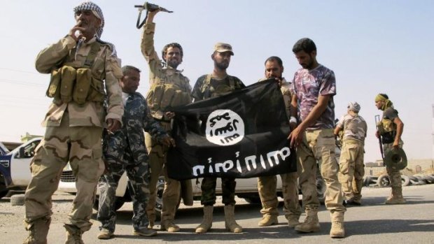 Iraqi forces pull down an Islamic State flag after recapturing the northern town of Amerli.