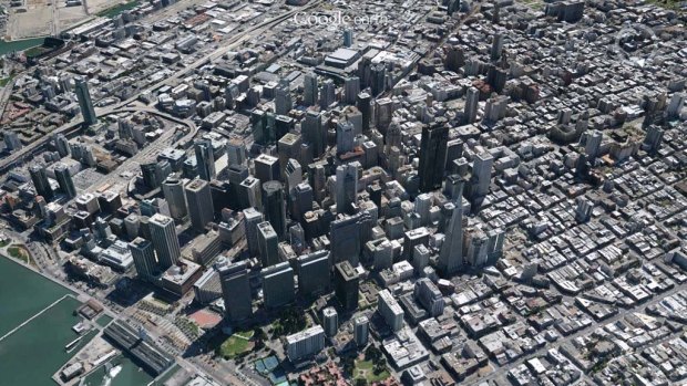 A three-dimensional view of San Francisco on Google Earth.