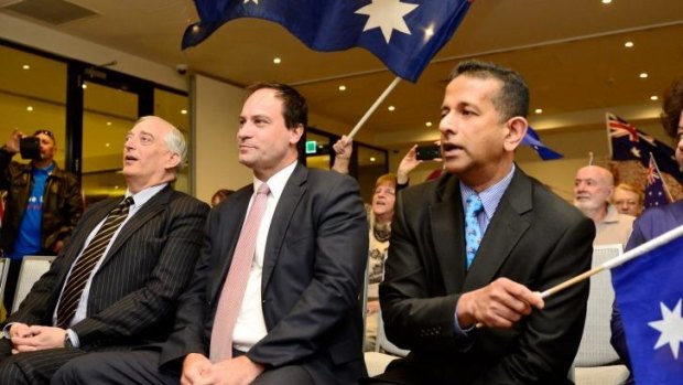 UK climate change skeptic Christopher Monkton (left), independent Frankston MP Geoff and Rise Up Australia leader Danny Nalliah.